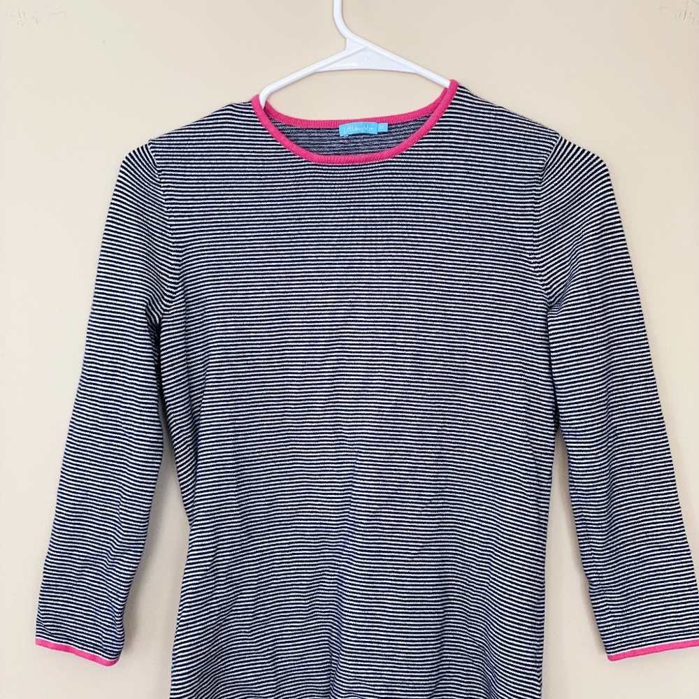 J. McLaughlin Navy and White Striped Knit Top with Pink Trim, XS